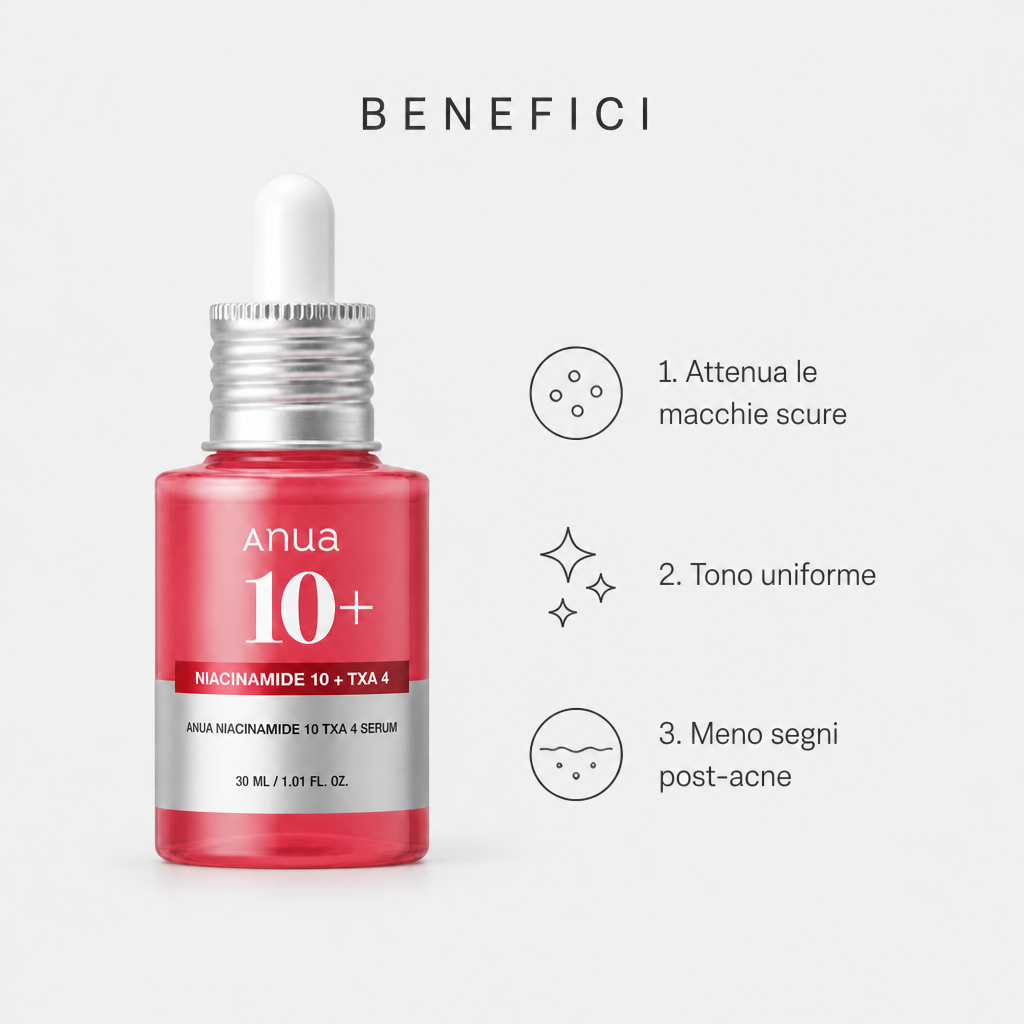 Benefici: attenua le macchie scure, tono uniforme, meno segni post-acne