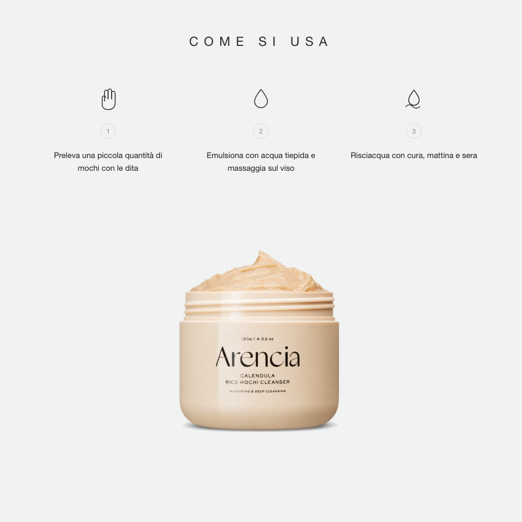 Arencia Calendula Rice Mochi Cleanser - come si usa in tre step