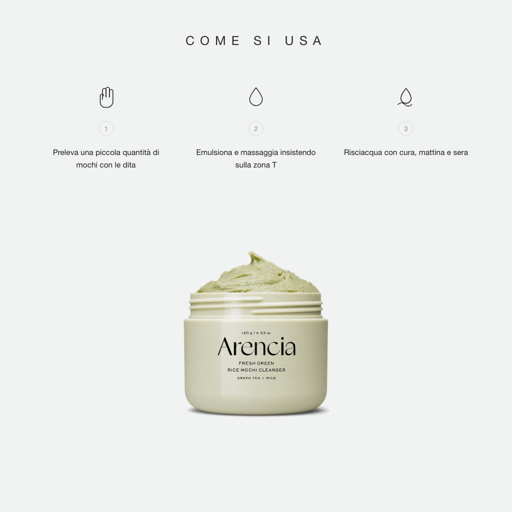 Arencia Fresh Green Rice Mochi Cleanser - come si usa in tre step