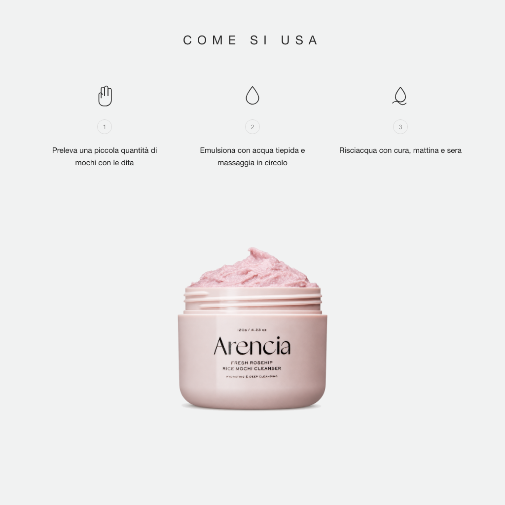 Arencia Fresh Rosehip Rice Mochi Cleanser - come si usa in tre step